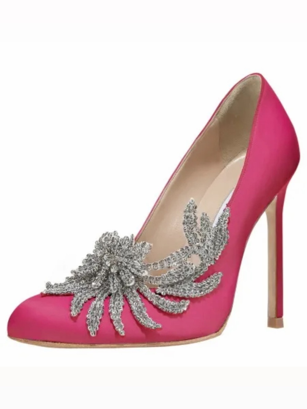 Manolo Blahnik Swan Embellished Satin Pump Heels Silver Sequin Hot Pink Fuschia